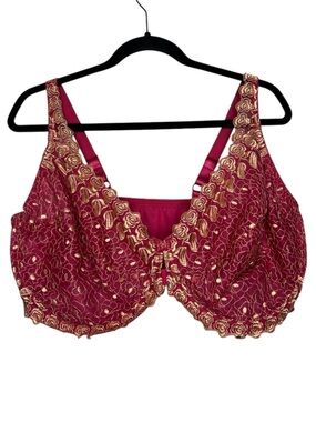 Amoureuse Red Pink and Gold Underwire Front Clasp Floral Bra Size 48DDD
